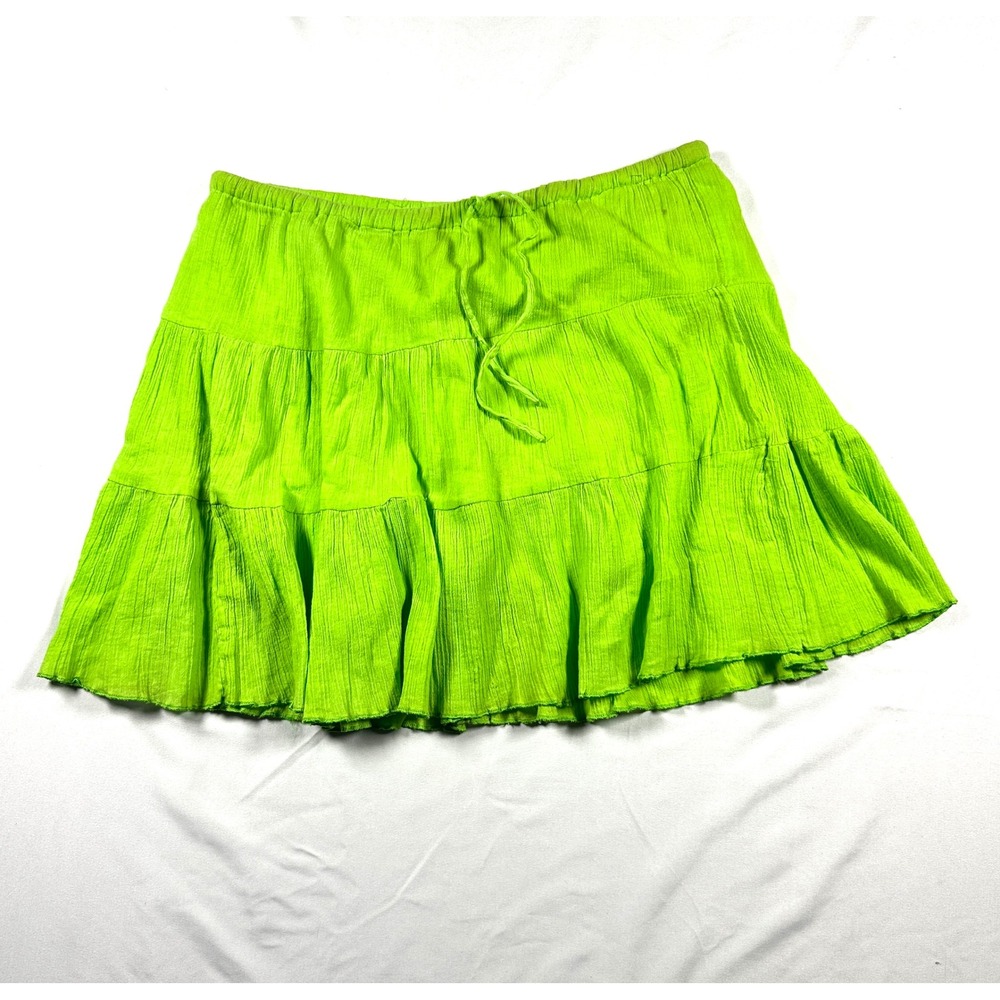 WANT! Neon Lime Green Tiered Cotton Gauze Boho Mini Skirt Large L